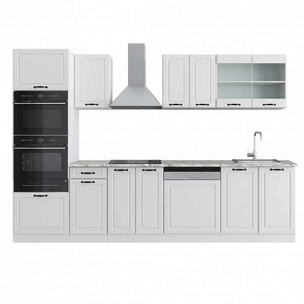 Vicco KUCHYŇSKÝ KOUT R-Line Bílý venkovský dům 300 cm s vysokou skříní, PD Mramor