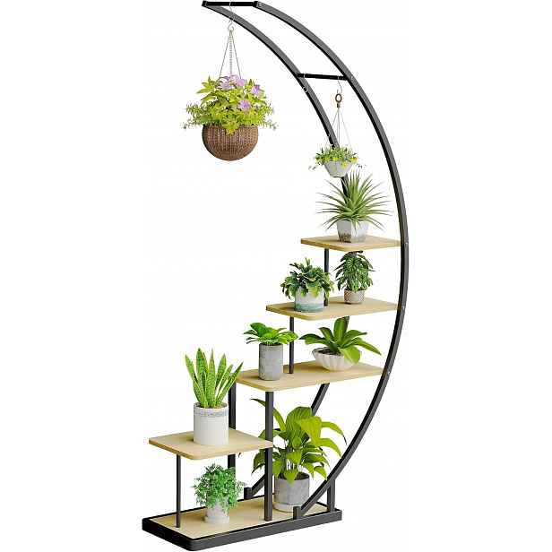 Moderní Regál Na Rostliny Půlměsíc Kov Dřevo 172 CM Světle Hnědý