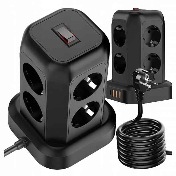 Přepěťová Ochrana 8 Zásuvek Usb C Pd 3xUSB Prodlužovací Kabel 1.8M Vertikální