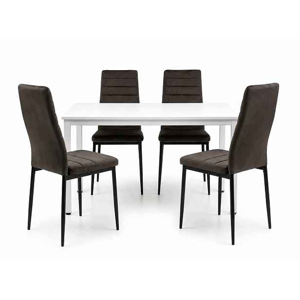 Jídelní set stůl 120x60 cm v loftovém stylu, bílý, se 4 hnědými sametovými židlemi Axell