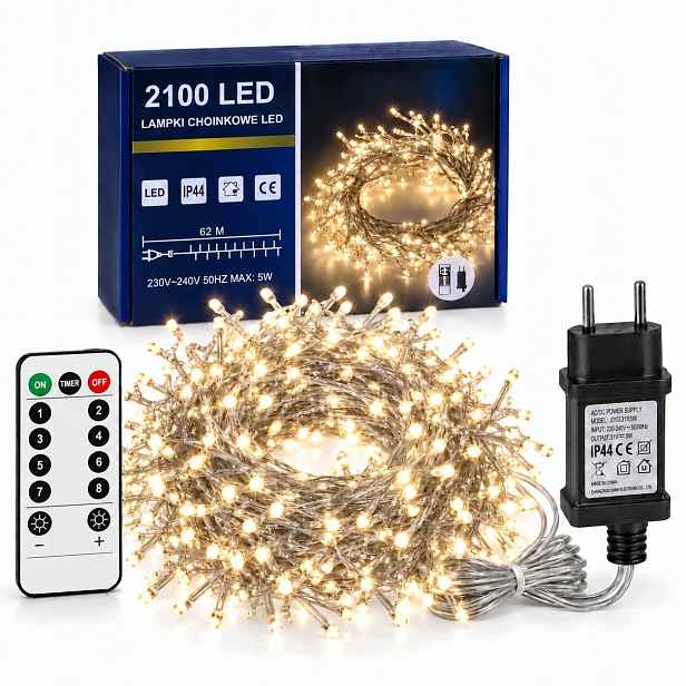 Náušnice vánoční Led řetěz drátek Led 2100LED 100M Bílá Teplá+pilot IP44 2000W