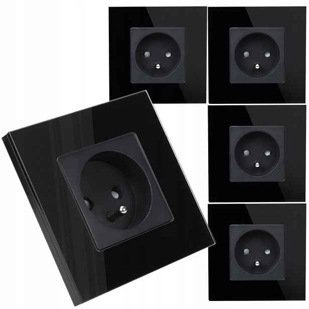 5 x Jednotlivá Elektrická Zásuvka Černá Skleněná S Uzemněním