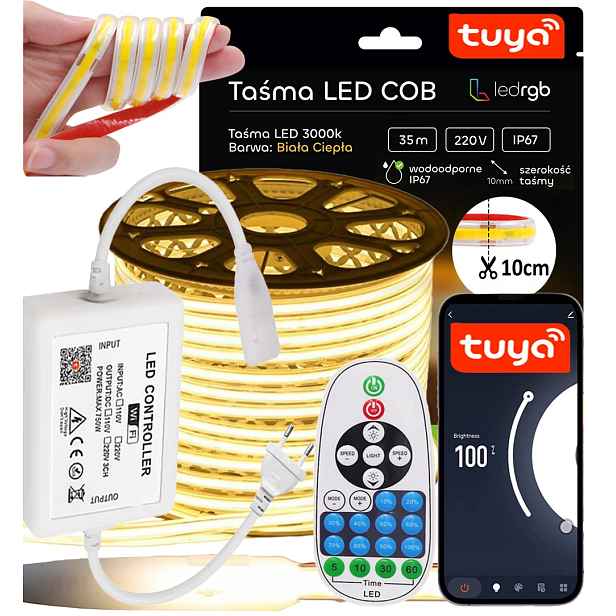 Set Led Pásek Cob 35 m 230 V Bílý Teplý 3000 K Řezaný Každých 10 CM Tuya Wifi