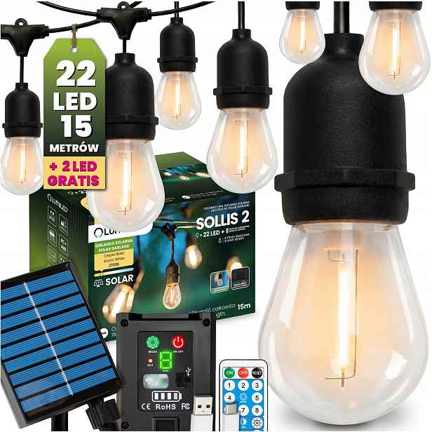 Solární zahradní světelný řetěz 22 Led na balkon, terasu, 15m, 2700K Dálkové Ovládání
