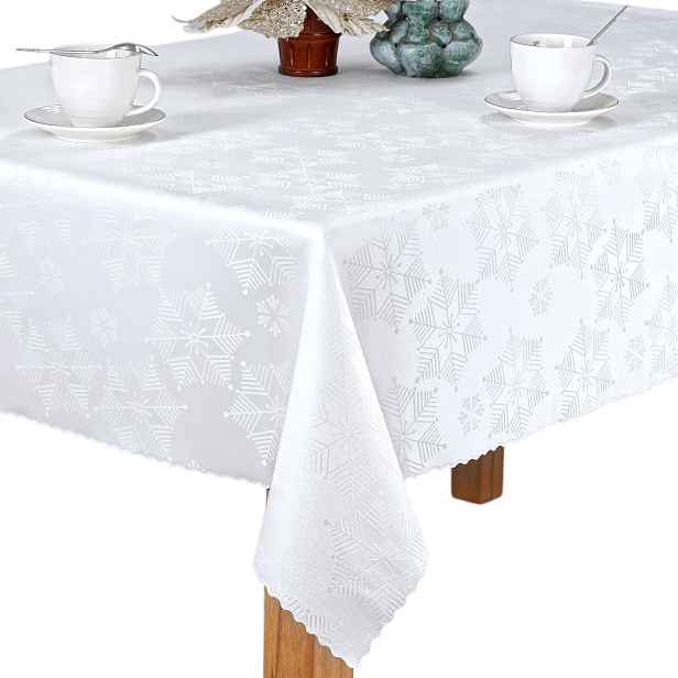 Vánoční ubrus 130x260 bílý s sněhové vločky, odolný vůči skvrnám, Vánoce