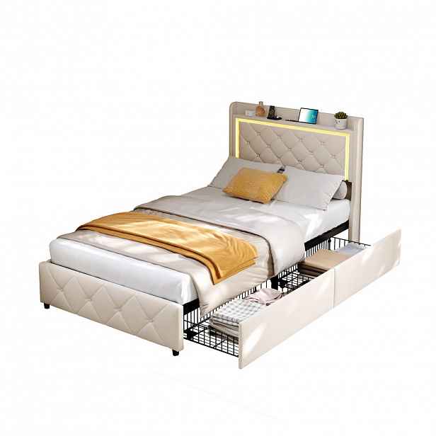 EuroLiving ČALOUNĚNÁ postel 90x200 cm, béžový samet, 2 zásuvky, úložný prostor, LED, USB/USB-C, moderní