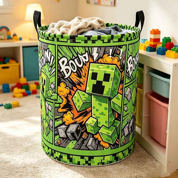 TEMU 1 ks, Trendy cool ruční úložný koš s potiskem Creepera v komiksovém pixelovém stylu, koš na špinavé prádlo na oblečení a drobnosti, koše na