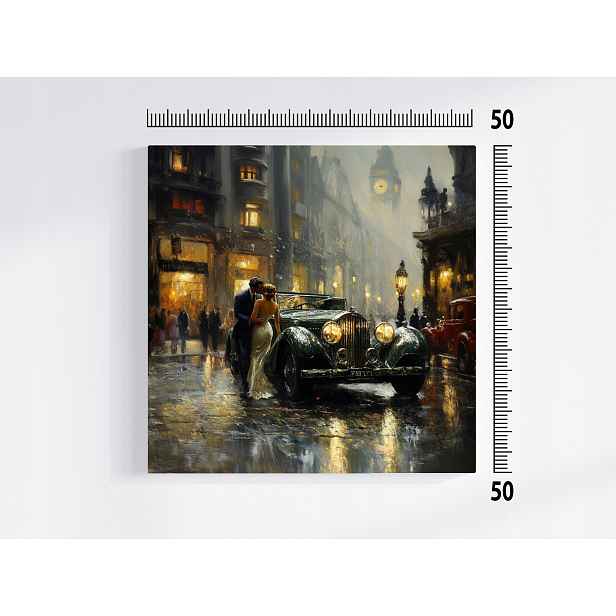 Obraz Na Plátně Canvas Město Večer Auto Pár Polibek Retro 50x50
