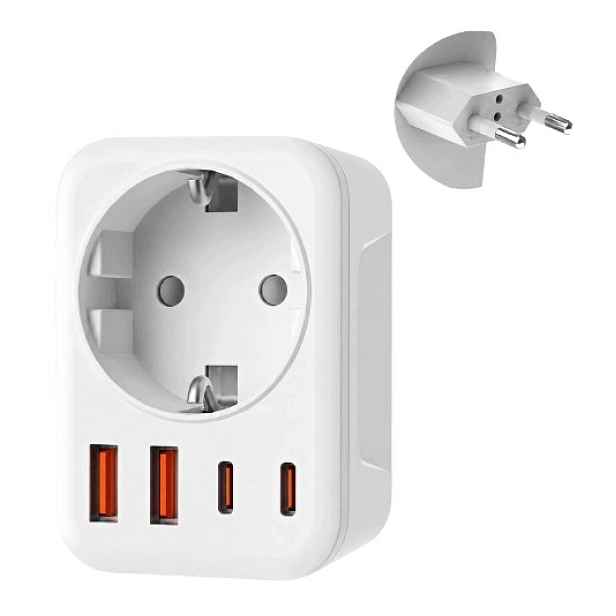 Síťová nabíječka 5v1 s zásuvkou 230V 2×USB-A 2×USB-C Adaptér Eu