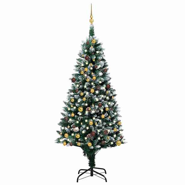 vidaXL Umělý vánoční strom s LED a sadou koulí a šiškami 210 cm