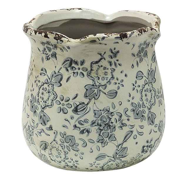 Retro béžový květináč se šedými květy Alana M - Ø 15*14 cm Clayre & Eef