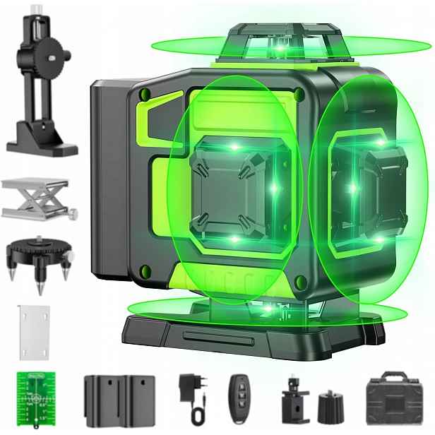 Křížový laser 4D 16 linií 360° Zelená vodováha Sada 2xAku Karzu