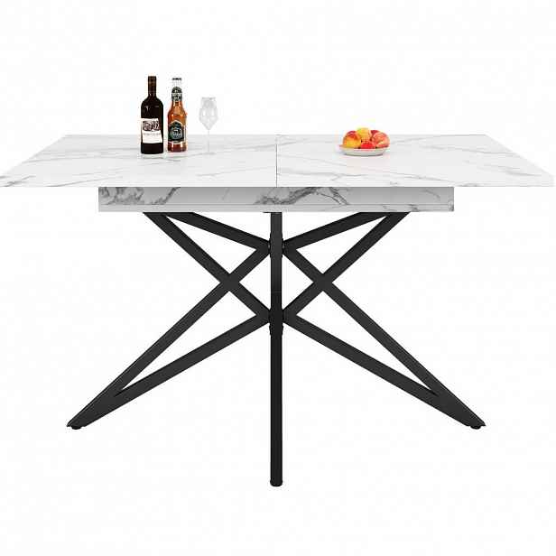 Modfu JÍDELNÍ stůl z MDF a kovu 120/160x80x76 cm bílý rozkládací s mramorovým dekorem a kovovou podnoží