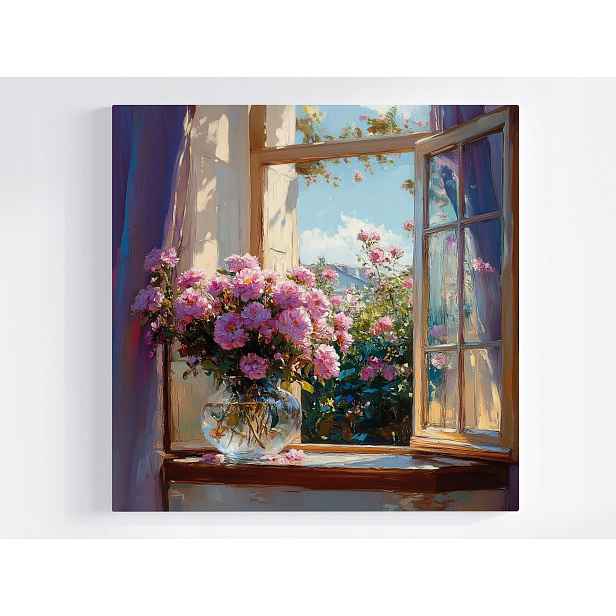Obraz Na Plátně Canvas Okno Zahrada Keř Květiny Růže Kytice Váza 60x60