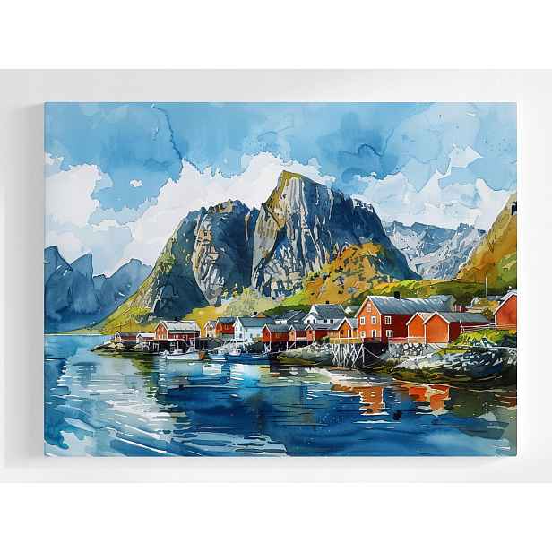 Plakát Norsko Fiordy Hory Lofoty Domky Akvarel 100x75