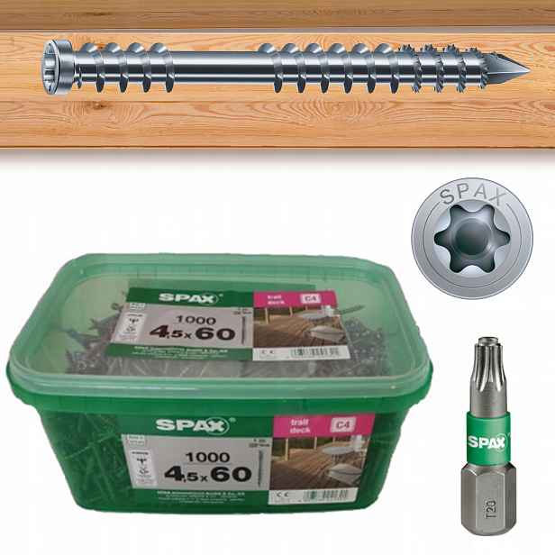 Šrouby C4 pro terasovou desku 1000ks Bit T-20 bonus 4,5x60mm Spax Terasa