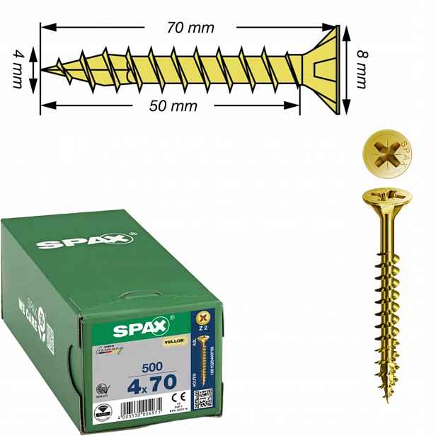 Univerzální šroub na dřevo (zlatý) Spax 4 x 70 mm Yello-x 500 ks