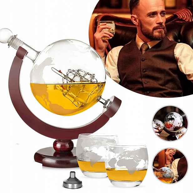 850 ml Karafa na whisky Globe se 2 skleničkami, sada Whiskey Karafa