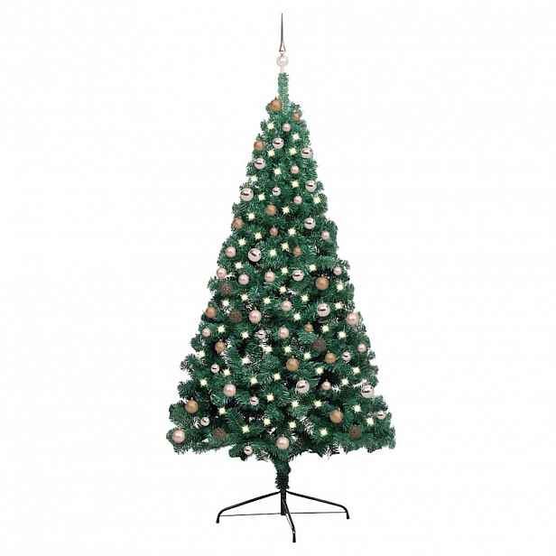 vidaXL Umělý vánoční půl stromek s LED a sadou koulí zelený 210 cm