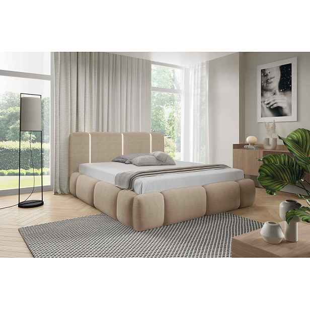 Čalouněná postel 160x200 BOHDANA s LED osvětlením - latte