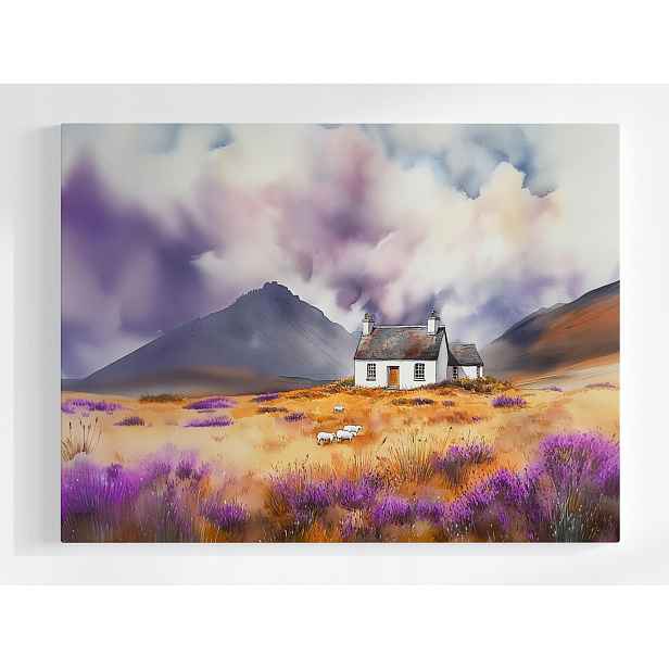 Plakát Krajina Skotsko Highland Hory Dům Vřesy Ovce 100x75
