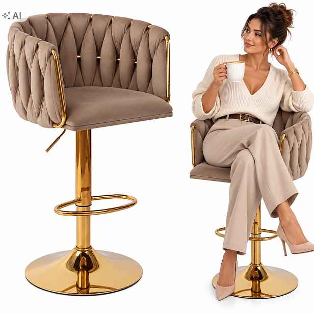Barová Židle nastavitelný, otočný, barový, do kuchyně Glamour Loft Pletený kávový
