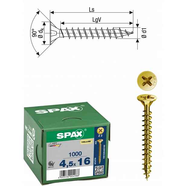 Univerzální šroub na dřevo (zlatý) Spax 4,5 x 16 mm Yello-x 1000 ks