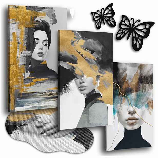 Obraz Na Plátně 120x50 cm Obrazy Do Obývacího Pokoje Triptych Zlaté Tváře Ženy 3x