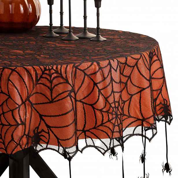 Halloweenský Ubrus Kulatý 178 CM Krajková Pavučina S Pavouky