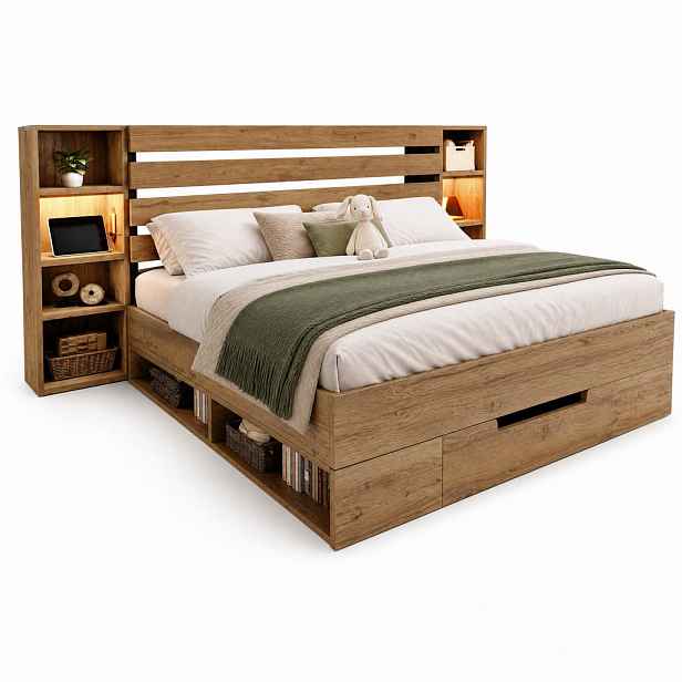 STILVORA POSTEL S NOČNÍMI STOLKY 160/200 cm dubová, 2 zásuvky, LED, USB, Type-C a police