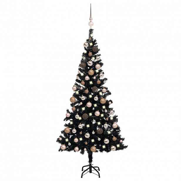 vidaXL Umělý vánoční stromek s LED a sadou koulí černý 180 cm PVC