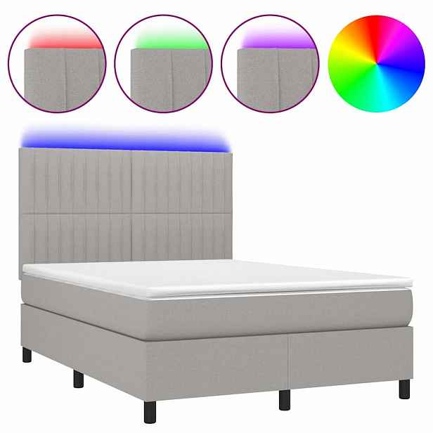vidaXL Box spring postel s matrací a LED světle šedá 140x190 cm textil