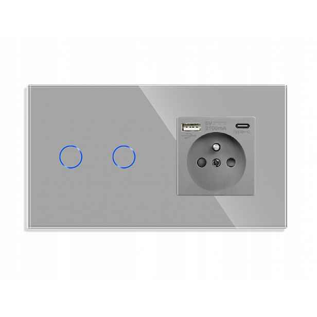 Dvojitý Dotykový Spínač 2 S Usb-c Zásuvkou Qc 20W Skleněný Vypínač