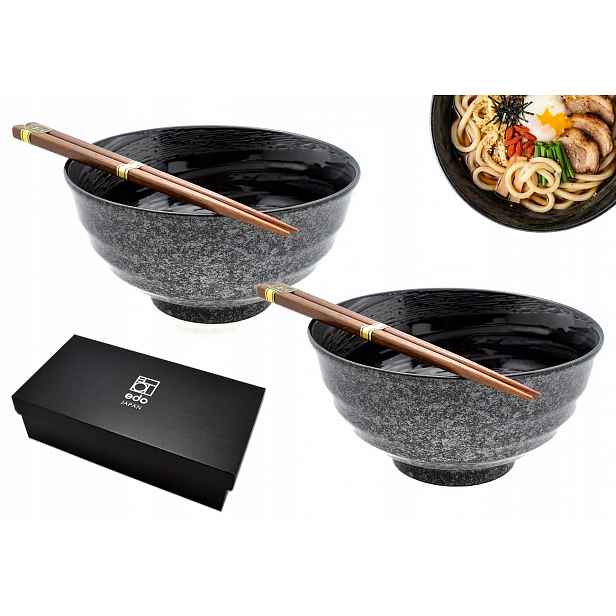 Sada 2 misek s paličkami Udon Rasen Kuroi 17 cm 800 ml Box