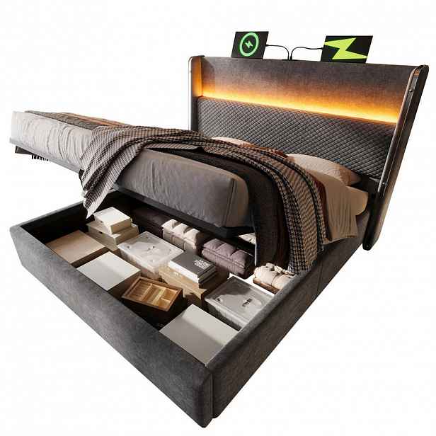 Modfu ČALOUNĚNÁ postel z lnu 180x200 cm šedá s LED osvětlením, USB/Type-C nabíjením a hydraulickým úložným prostorem