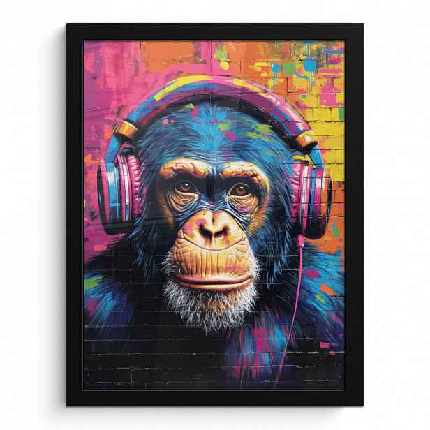MuchoWow PLAKÁT V RÁMU Graffiti - Šimpanz - Street art - Sluchátka - Opice 30x40 cm