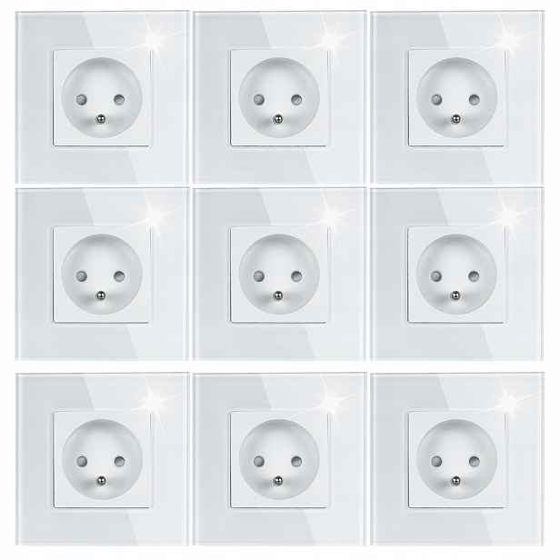 9 x Bílá Elektrická Zásuvka Jednoduchý Skleněný Panel Kolík Uzemnění