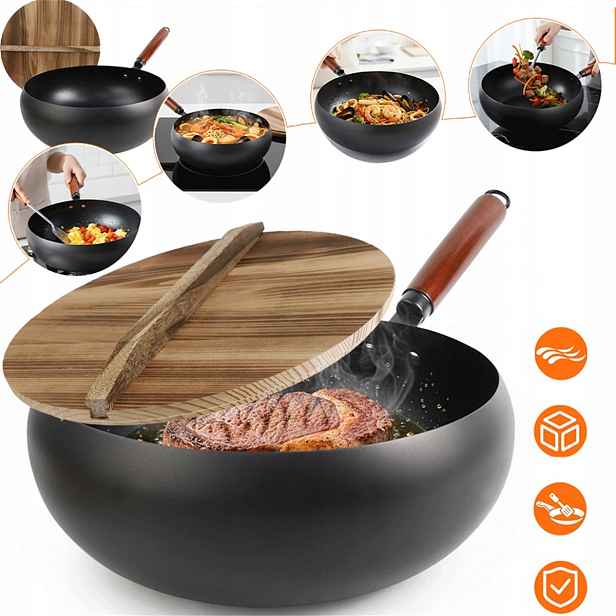 Litinový Wok Pánev 28 CM S Dřevěným Víkem A Indukcí Keramických Sporáků