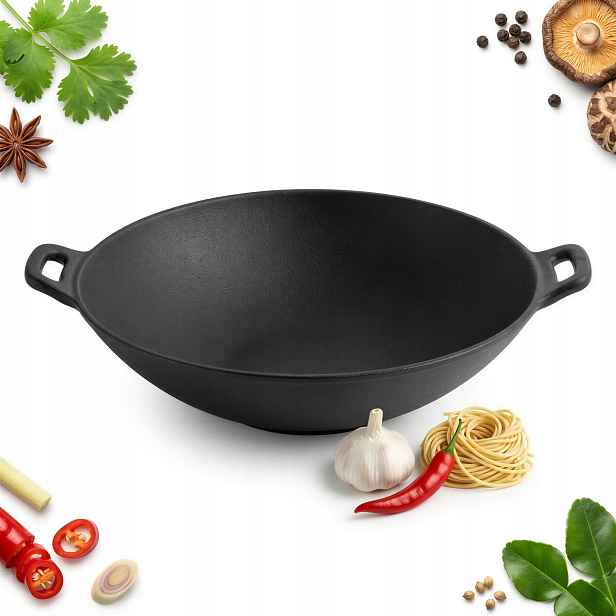 pánev Wok litinová Černá Pro Smažení A Dušení Ø 36 CM Solidní Odlitek