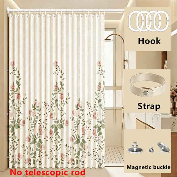 TEMU 1 ks, Retro růžová skládací sprchová záclona s růžemi, zesílená a splývavá, hygienická dělicí záclona s háčky a magnetickými klipy, včetně