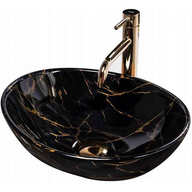Keramická umyvadlová deska oválná Rea Sofia Black Marble Shiny mramor