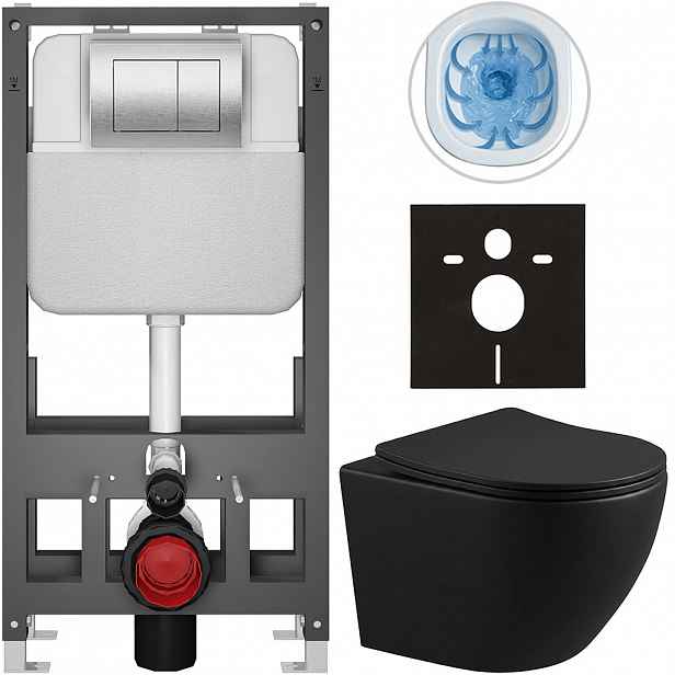 Kompletní WC set Basic/Cesso - černá matná - WC tlačítko Maxio/Stříbrná - volně stojící - předstěnová instalace - 49x36 cm - 8050BD86357
