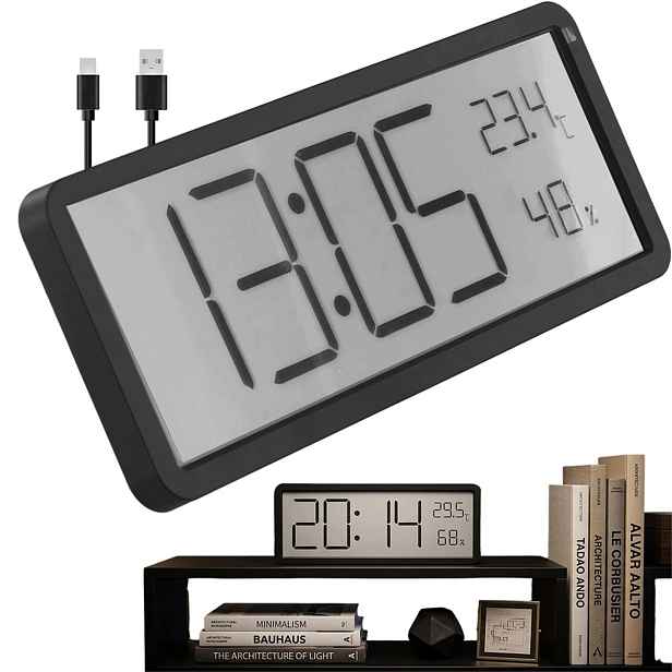 Nástěnné hodiny s LCD displejem, černé, teplota přes Usb do ložnice, pracovny