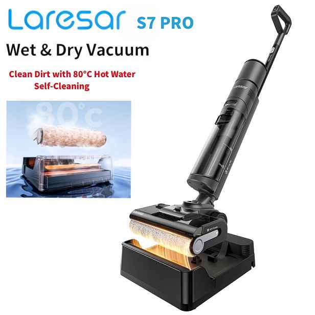 TEMU Laresar S7 PRO Akumulátorový vysavač na mokré i suché vysávání, sací výkon 21 KPA, samočisticí s 80° mytím horkou vodou a sušením horkým
