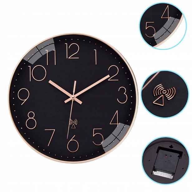Moderní nástěnné hodiny černo-zlaté 30 cm Tichý tekoucí mechanismus