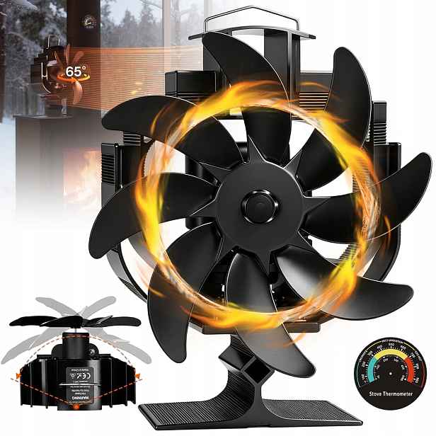 8-LOPATKOVÝ Termoelektrický Krbový Ventilátor Napájený Teplem, Černý