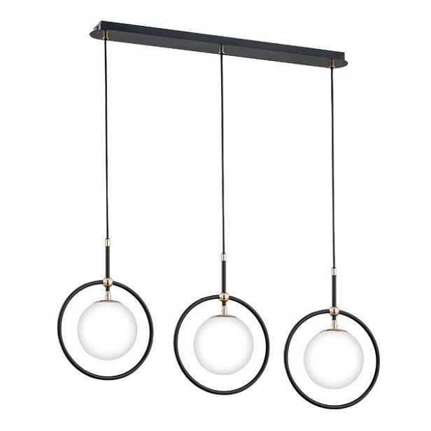 Závěsná lampa minimalistická trojitá, černá, bílé skleněné koule Alfa