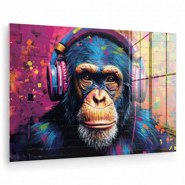 MuchoWow OBRAZ NA AKRYLOVÉM SKLE Graffiti - Šimpanz - Street art - Sluchátka - Opice 60x40 cm