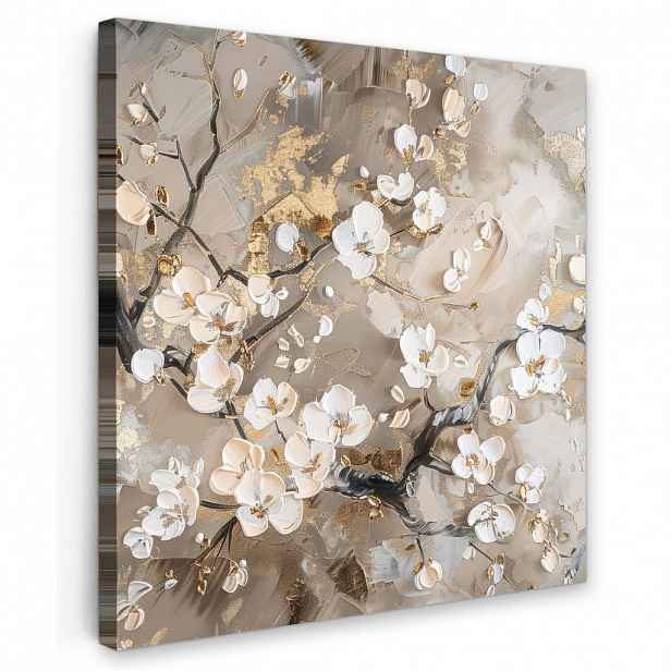 MuchoWow OBRAZ NA PLÁTNĚ Květiny - Bílá - Zlatá - Béžová - Luxusní 20x20 cm