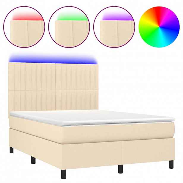 vidaXL Box spring postel s matrací a LED krémová 140x200 cm textil